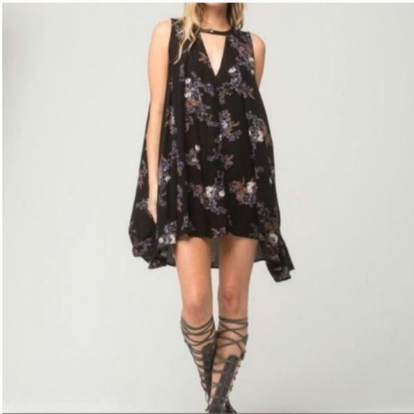 Free People Floral Mini Dress Black V Neck Sleeveless Swing Flowy Babydoll S - Picture 10 of 16